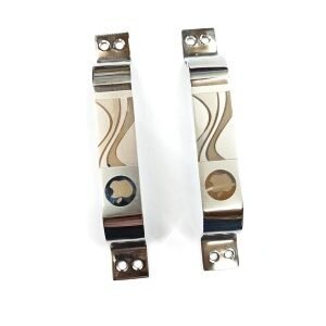 stainless steel door pull handles with decorative wave design and pre-drilled holes for installation