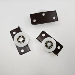 sliding door rollers with metal brackets and white nylon wheels featuring ball bearings for smooth and quiet movement