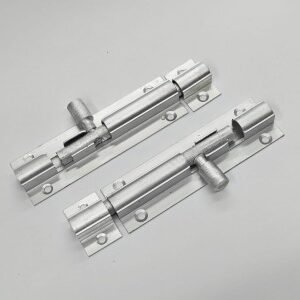 Pair of silver finish heavy duty aluminium tower bolts with sliding latch mechanism, suitable for doors and windows