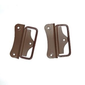 brown powder-coated metal pull handles with mounting plates and pre-drilled holes