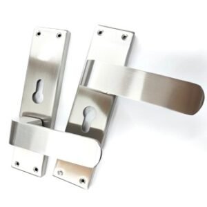 Stainless steel satin finish mortice door handle set with rectangular backplate and keyhole