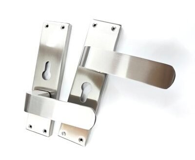 1 (8) - Dr. DOLLY TITRA Stainless steel satin finish mortice door handle set with rectangular backplate and keyhole