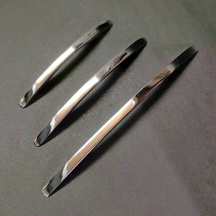 stainless steel pull handles set of three with a polished chrome finish, placed parallel on a dark background.