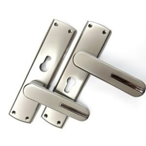 Set of polished stainless steel door handles with curved rectangular backplates, integrated grip design, and euro-profile keyhole cutouts, suitable for modern security doors