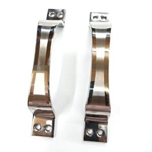 Pair of curved stainless steel pull handles with a satin brushed finish, featuring sturdy mounting plates with pre-drilled holes for easy installation