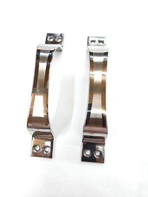 HD1014 Pair of curved stainless steel pull handles with a satin brushed finish, featuring sturdy mounting plates with pre-drilled holes for easy installation