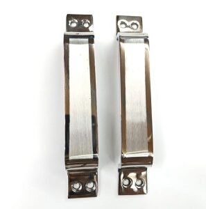 Pair of rectangular stainless steel pull handles with a brushed center finish and polished edges, featuring mounting plates with screw holes at both ends.
