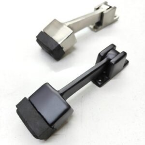 heavy-duty door stoppers, one in matte black and the other in brushed stainless steel, featuring a sturdy base and rubber tip for secure door holding