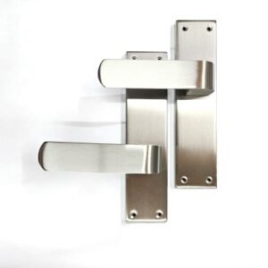 Pair of satin brushed stainless steel lever door handles with rectangular backplates, designed for bathroom doors with privacy lock compatibility.