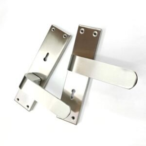 Pair of satin brushed stainless steel lever door handles with rectangular backplates and euro-profile keyhole cutouts, suitable for modern interior and exterior doors.