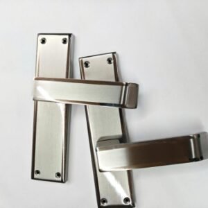 stainless steel lever handles with rectangular backplates, brushed finish, and pre-drilled mounting holes, designed for bathroom doors