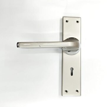 Image (34) stainless steel door handle with rectangular backplate and integrated keyhole, mounted on a white background
