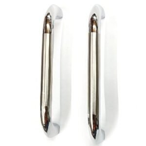 stainless steel tubular pull handles with a polished chrome finish, placed parallel on a white background.