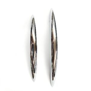 Two sleek, elongated chrome-finished pull handles of different lengths, placed vertically on a white background.