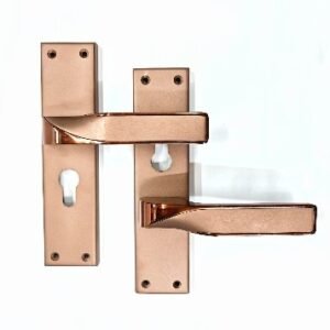 Pair of rose gold-finished lever door handles with rectangular backplates, featuring a sleek angular grip design and euro-profile keyhole cutouts