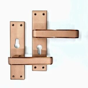 rose gold-finished lever door handles with rectangular backplates and euro-profile keyhole cutouts, designed for modern interior and exterior doors