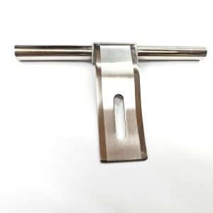 Stainless steel T-shaped latch or lock component with a brushed metal finish, placed on a white background.