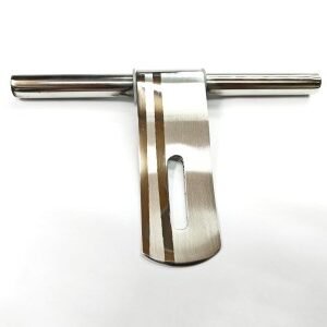 Polished stainless steel T-shaped latch with a brushed finish and an elongated mounting slot, placed on a white background.