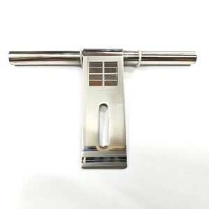 Polished stainless steel T-bar latch with an elongated mounting slot and decorative etched square grid pattern on the front, placed on a white background.