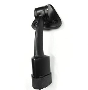 Black heavy-duty adjustable door stopper with a triangular mounting plate and rubber tip, shown against a white background.