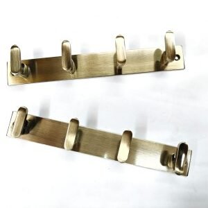 Two metallic wall-mounted coat racks with four hooks each, placed on a white background.