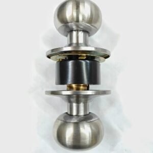 A stainless steel cylindrical door knob with a brushed finish, shown on a white background, featuring a spherical handle design and internal locking mechanism.