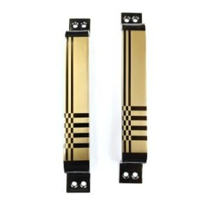 Two metallic door handles with a brushed gold finish and black checkered stripe design, placed on a white background.