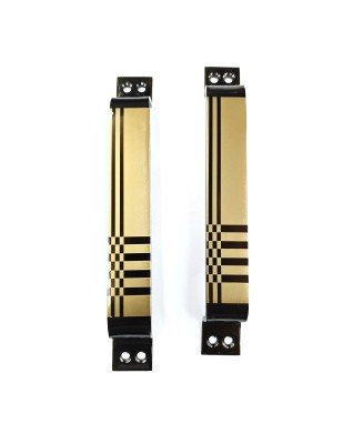 Image (73) Two metallic door handles with a brushed gold finish and black checkered stripe design, placed on a white background.