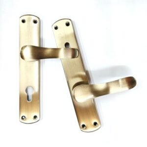 gold-finish lever door handles with rectangular backplates and keyholes, designed for elegant interior and bathroom doors, displayed on a white background