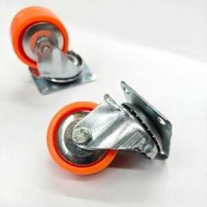 Two metallic swivel ball casters with orange plastic wheels, placed on a white background