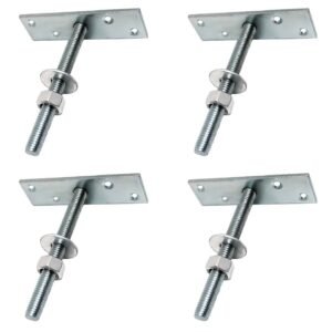 Set of four galvanized steel threaded bolts with nuts, washers, and rectangular mounting plates, arranged on a white background.