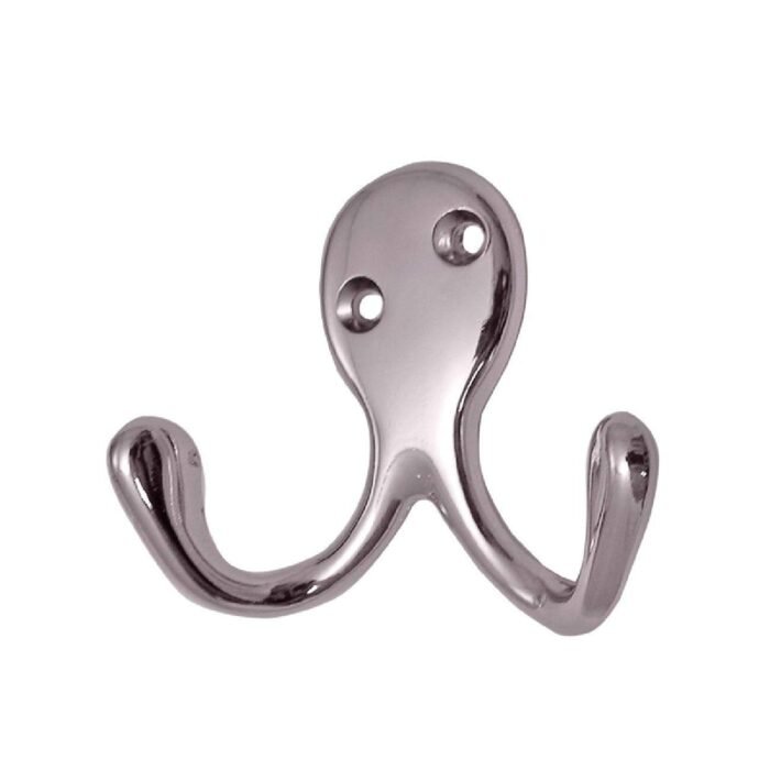 rsrtfg Chrome-finished double coat hooks with two mounting holes, displayed on a white background.