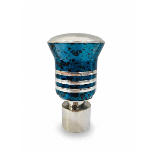 Elegant stainless steel curtain finial with polished top, blue marble-style body, and silver accent rings for stylish curtain rods.