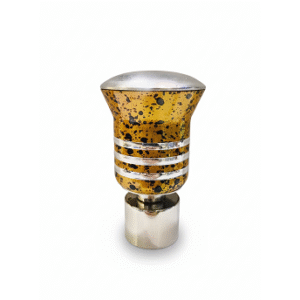 Elegant stainless steel curtain finial with polished top, yellow marble-style body, and silver accent rings for stylish curtain rods.