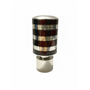 Stylish stainless steel curtain finial with glossy brown layered design, silver rings, and polished dome top for curtain rods.