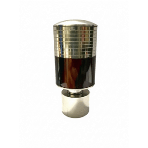 Stylish stainless steel curtain finial with glossy brown layered design, silver rings, and polished dome top for curtain rods.