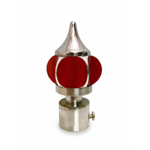 Stylish stainless steel curtain finial with pointed top and red acrylic decorative insert for modern curtain rods.