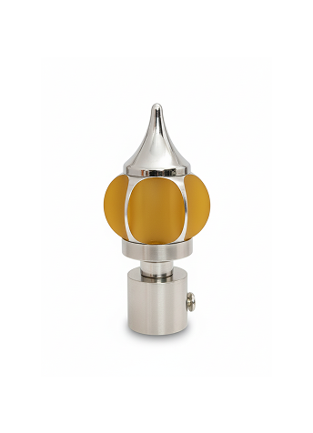 044- Yellow Stylish stainless steel curtain finial with pointed top and yellow acrylic decorative insert for modern curtain rods.