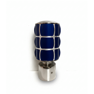 Stylish stainless steel cylindrical curtain finial with silvar top and blue acrylic decorative insert for modern curtain rods.