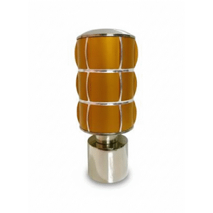Stylish stainless steel cylindrical curtain finial with silvar top and yellow acrylic decorative insert for modern curtain rods.