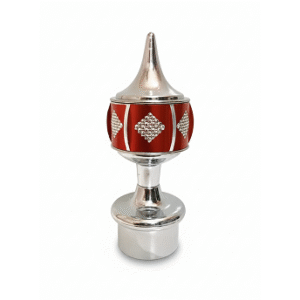 Stylish stainless steel curtain finial with pointed top and red acrylic decorative insert for modern curtain rods.