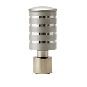 Silver aluminium curtain rod finial lattu with decorative rounded design, shown on white background.