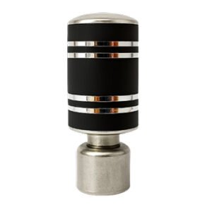 Silver black aluminium curtain rod finial lattu with decorative rounded design, shown on white background.
