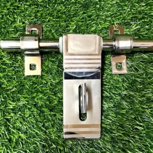 Stainless steel T-shaped latch or lock component with a brushed metal finish, placed on a white background.