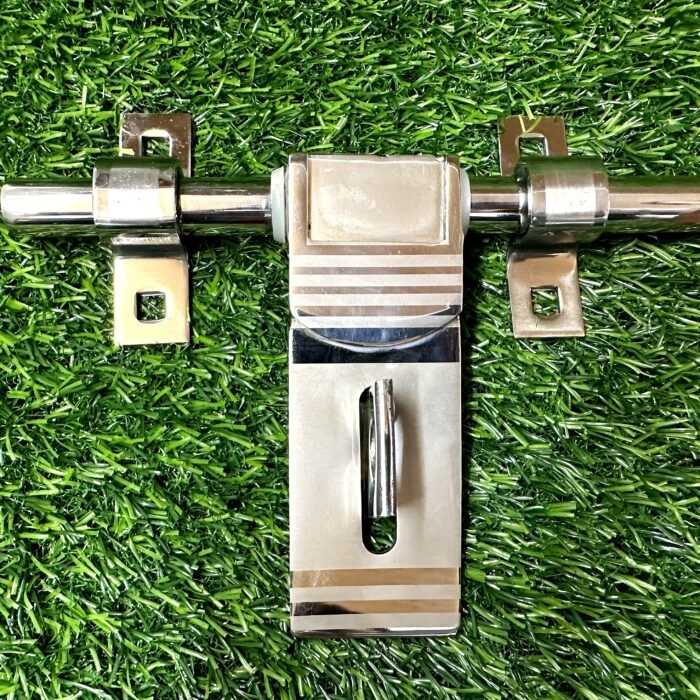 Stainless steel T-shaped latch or lock component with a brushed metal finish, placed on a white background.