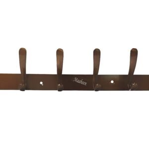 Wall mounted brown metal coat hook rack with 8 hooks and “Maheen” branding.
