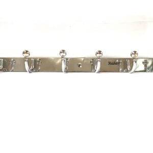 Steel wall-mounted coat and cloth hanger with 6 hooks for hanging clothes, hats, and accessories.
