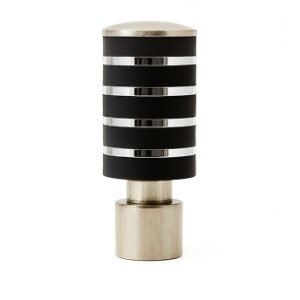 Silver black aluminium curtain rod finial lattu with decorative rounded design, shown on white background.