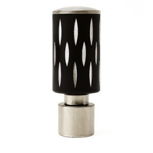 Silver black aluminium curtain rod finial lattu with decorative rounded design, shown on white background.
