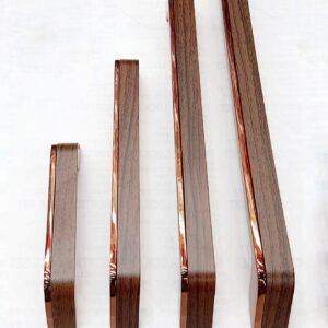 Wood finish door pull handles with rose gold edges in multiple sizes for modern doors.